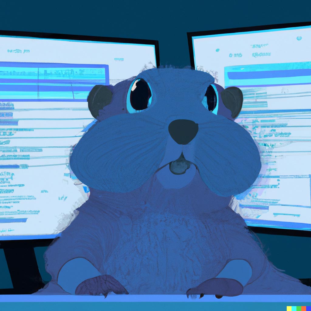DALL·E prompt: a cute blue colored gopher with blue fur programming on multiple monitors displaying many spreadsheets, digital art